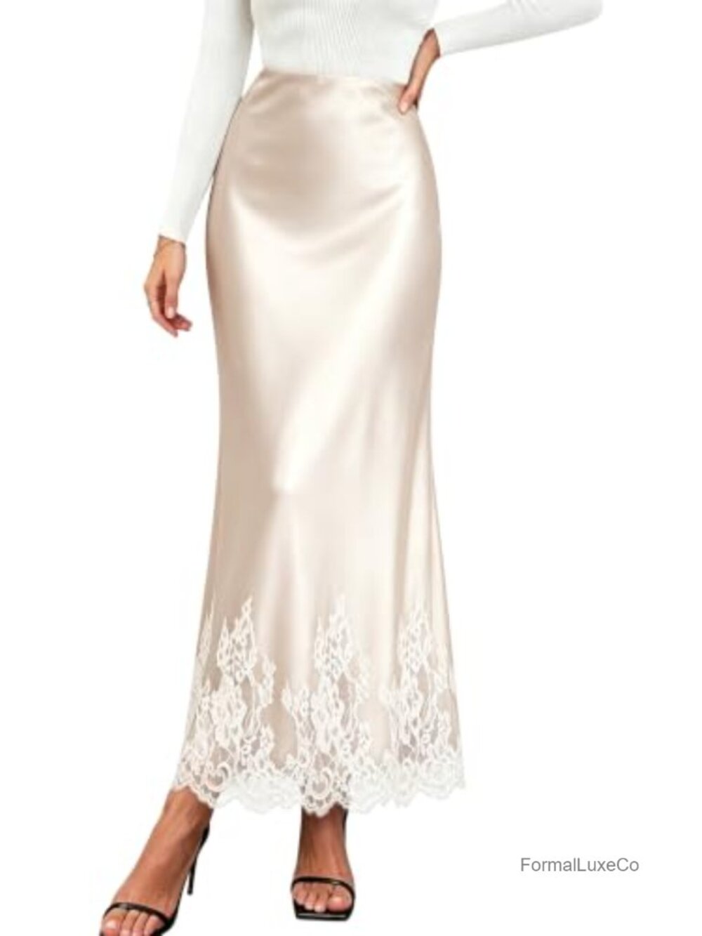 Satin Maxi Skirt Lace Trim High Waisted Long Silky Mermaid Hem